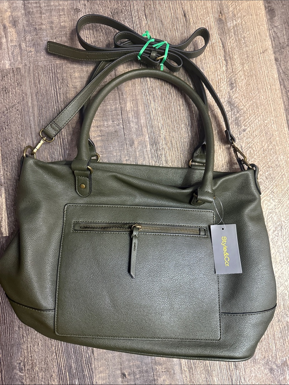 Style & Co. Olive Leather Satchel Tote with Front Zip Pocket